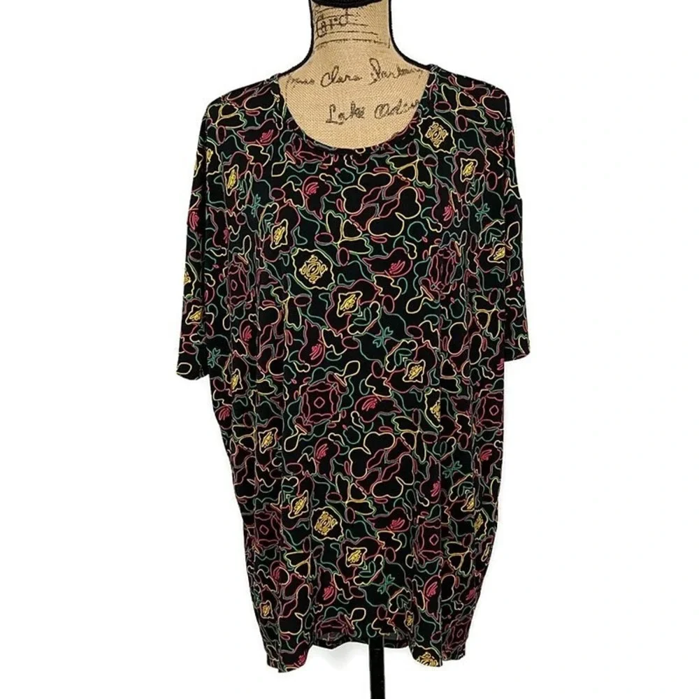 LuLaRoe Carly Tunic Dress Women Medium Black Neon Floral Outline Short Sleeve