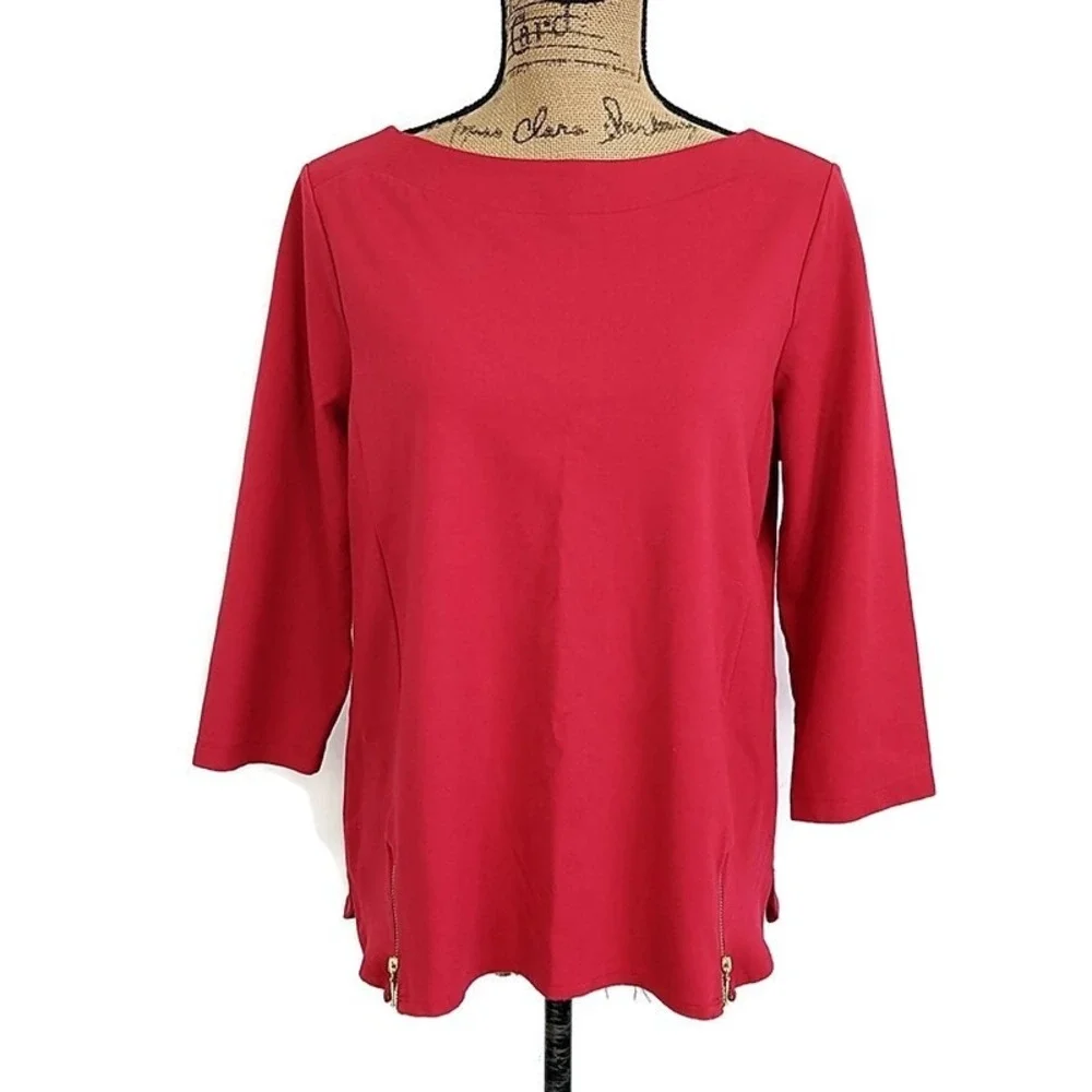 Chico's Boatneck Top Womens Size 1 Red 3/4 Sleeve Side Zip Ponte Knit Blouse