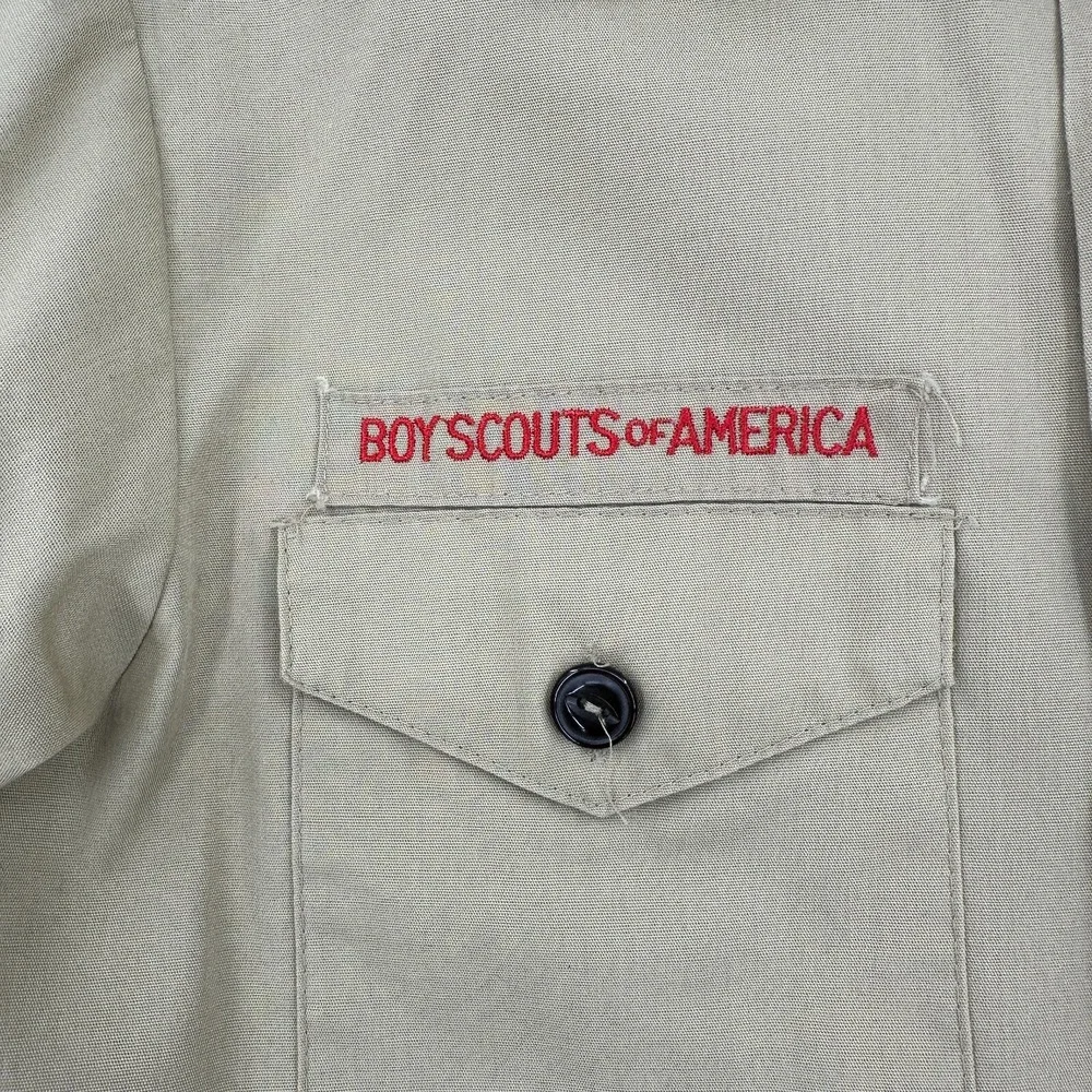 Vintage Boy Scout Of America Shirt Youth Large Tan Button Up Uniform Patches USA