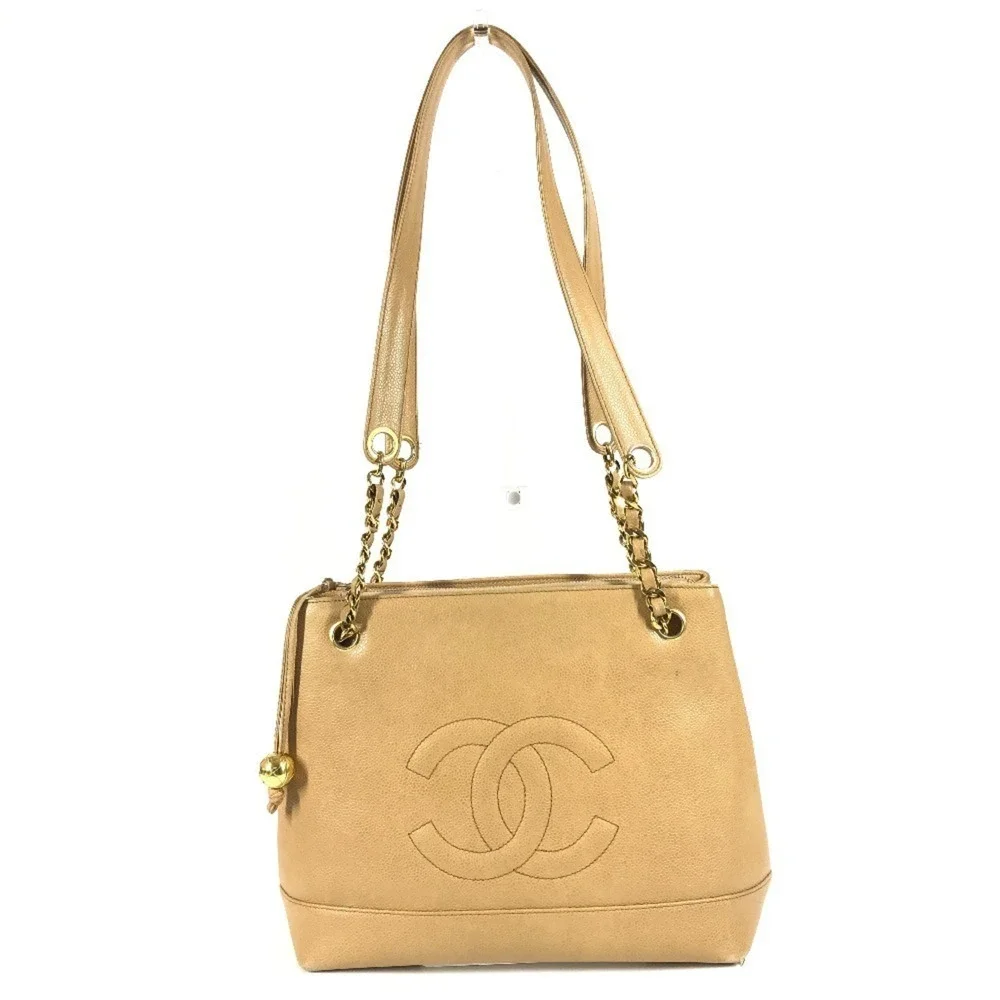 CHANEL Vintage Cream Caviar Leather Logo Shoulder Bag