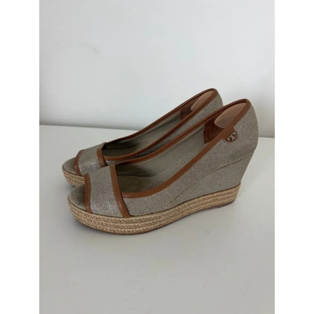 Tory Burch Womens Majorca Espadrille Wedges Neutral Canvas Leather Size 38/7-7.5