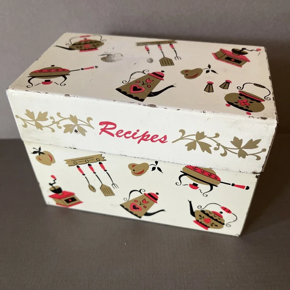 Vintage Metal Tin Recipe Box Midcentury Farmhouse Retro Kitchen Decor‎ Gold