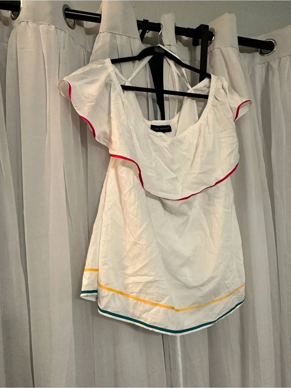 White Ruffle Off-Shoulder Top with Color Trim 100% Cotton