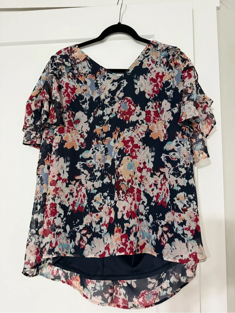 Lane Bryant Navy Floral Ruffle Sleeve Blouse