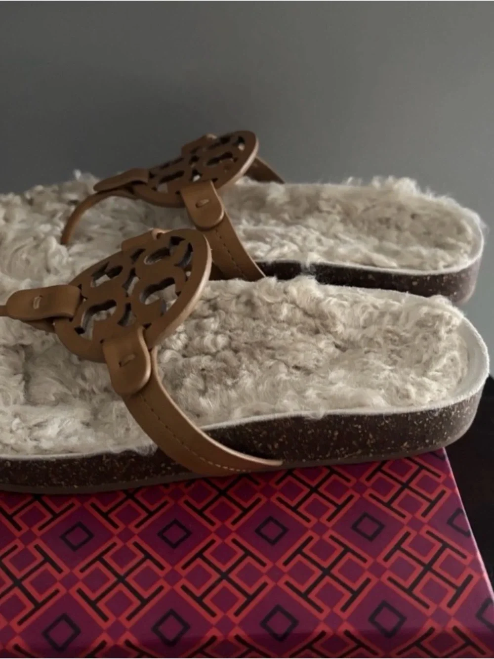 Tory Burch Tan Leather Logo Thong Sandals with Cream Fur Insole