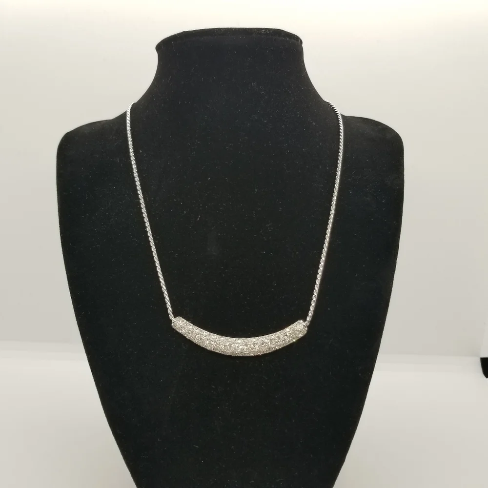 silver tone rope chain collar necklace with pave rhinestone crescent