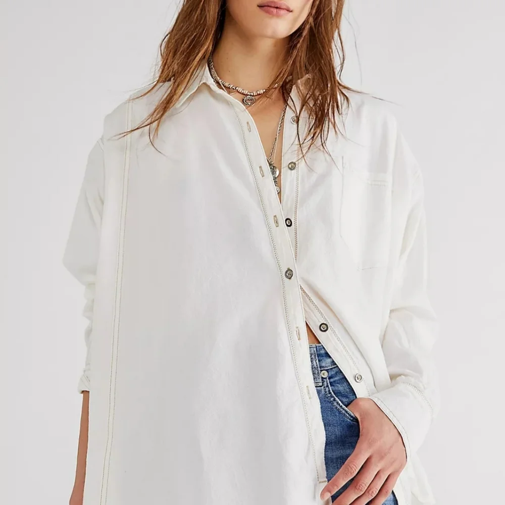 Free People Cream Oversized Button-Front Shirt