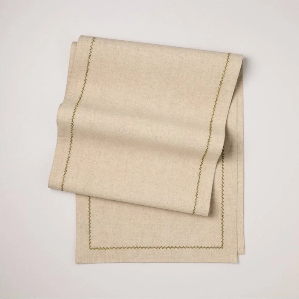 Embroidered Border Standard Table Runner Natural/Green - Hearth & Hand Magnolia