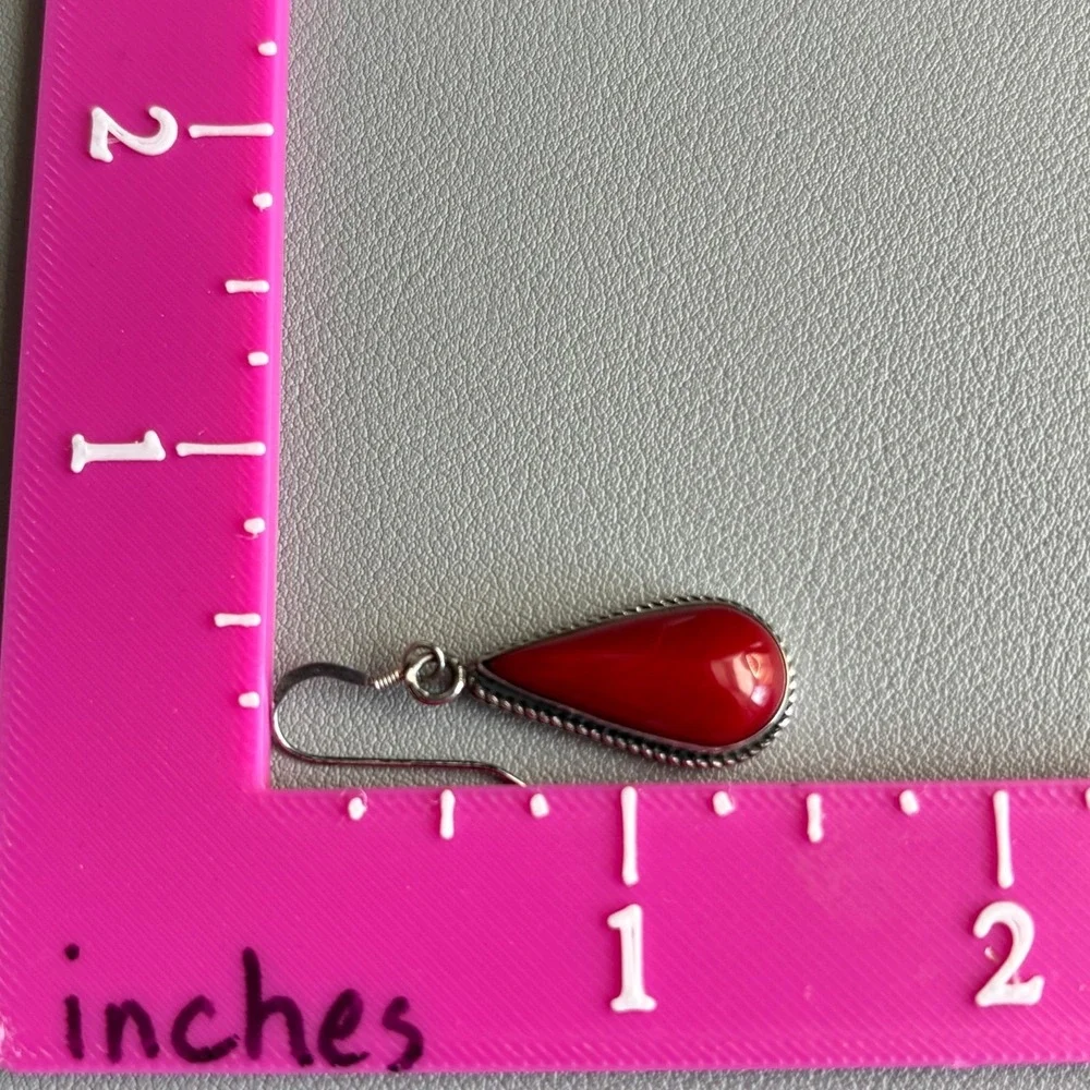 925 Sterling Silver Red Stone Teardrop Drop Earrings Southwest Twisted Rope 1.5