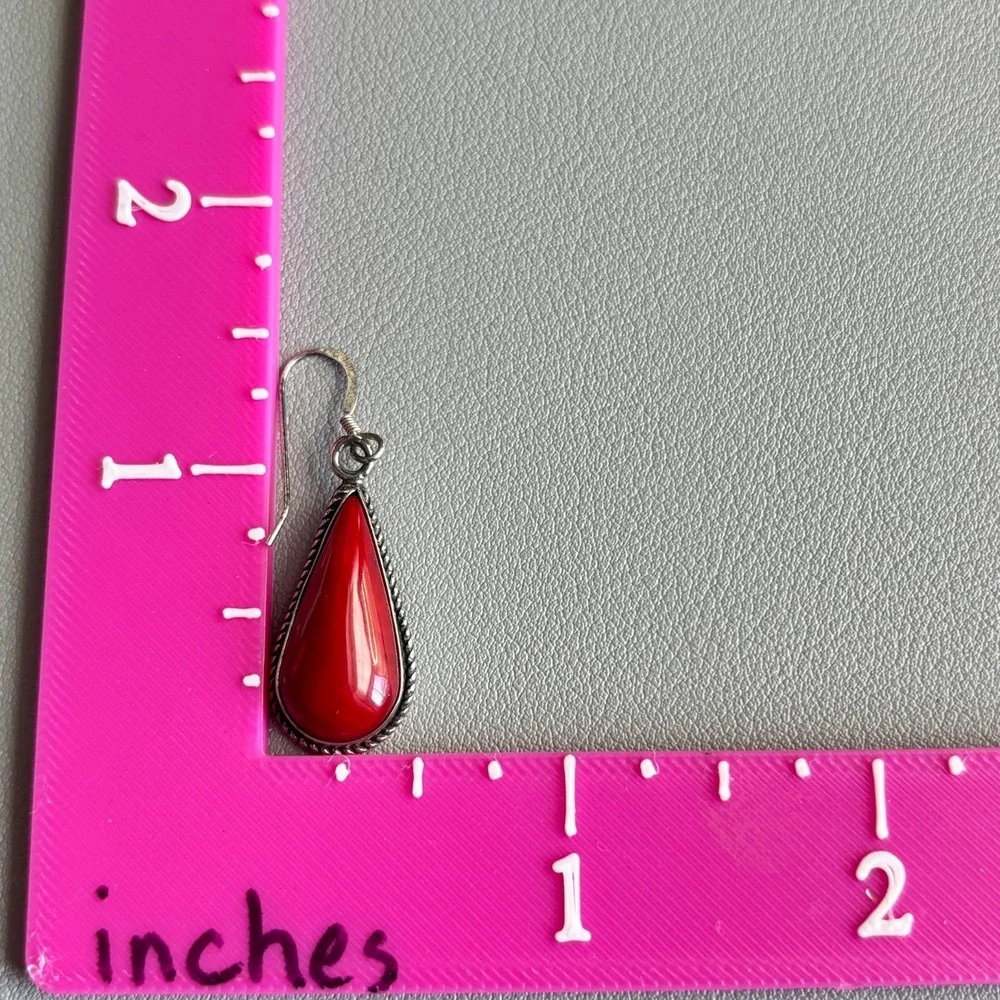 925 Sterling Silver Red Stone Teardrop Drop Earrings Southwest Twisted Rope 1.5