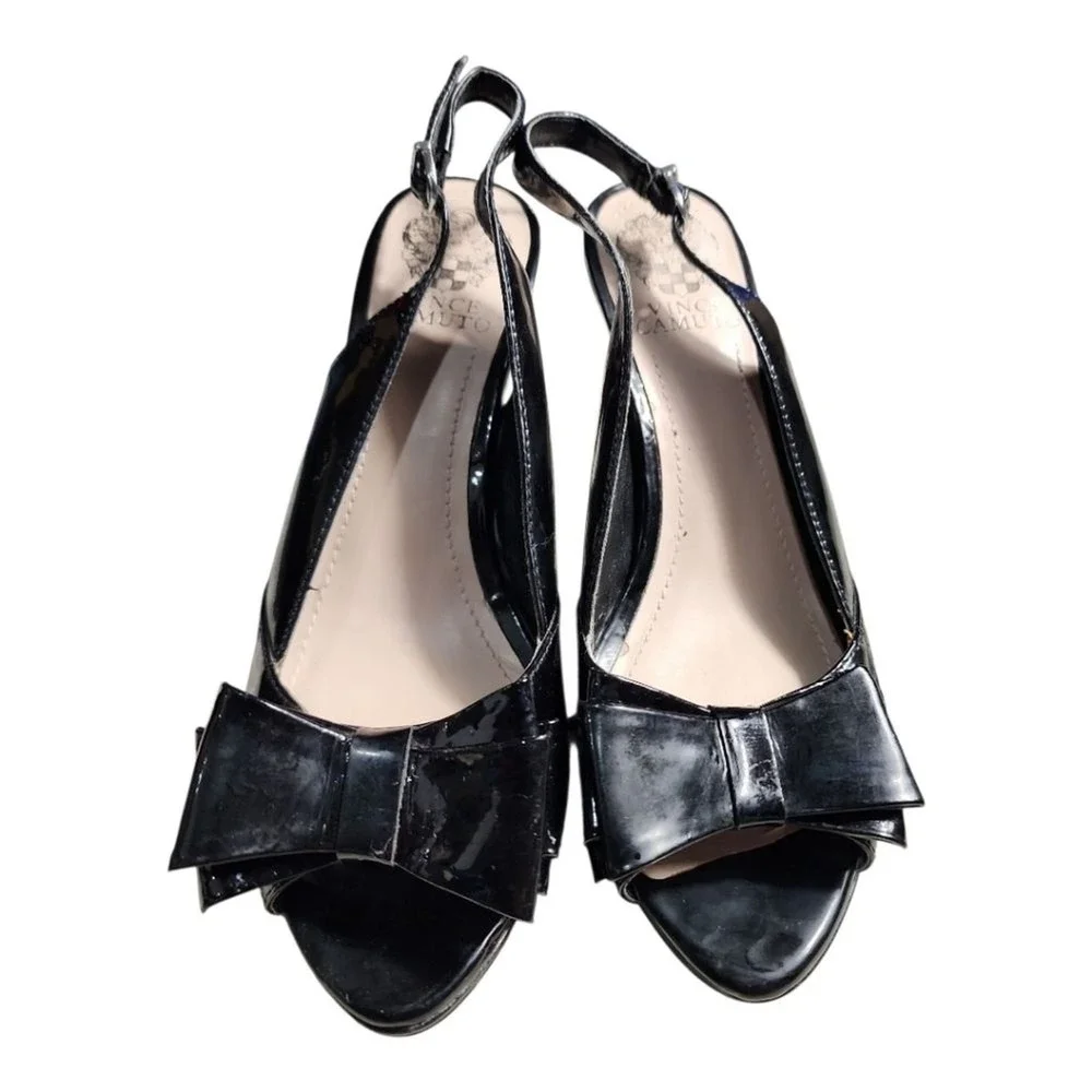 Vince Camuto Slingback Heels Women 7.5 Black Patent Leather Bow Formal Elegant