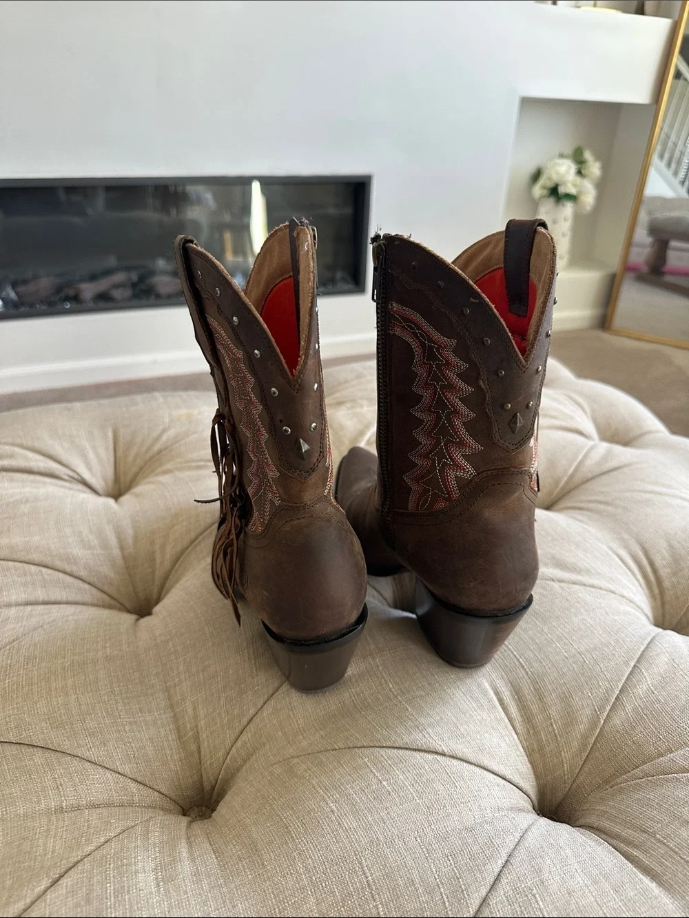 Durango Brown Leather Western Ankle Boots with Fringe