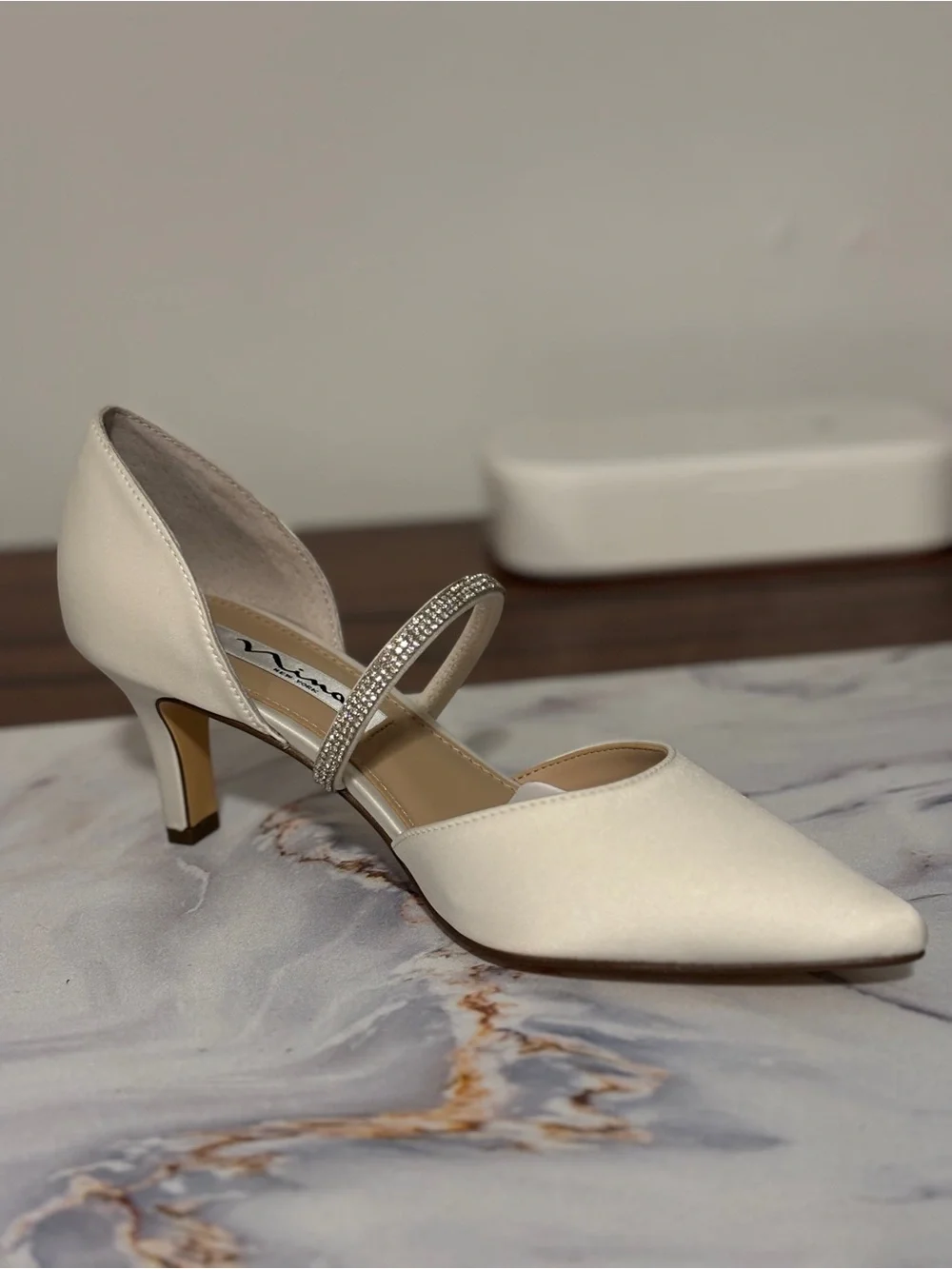 Nina Cream Satin Pointed-Toe Heels with Crystal Strap