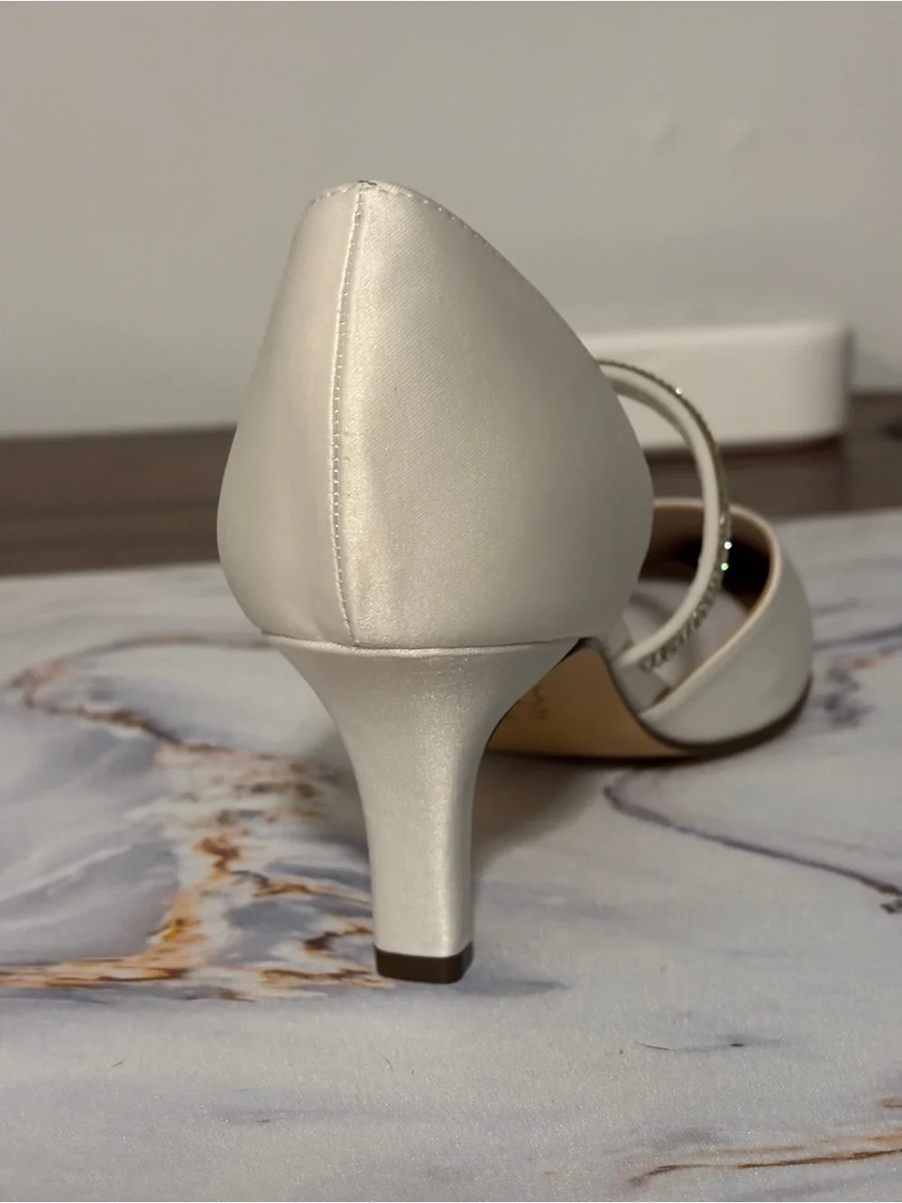 Nina Cream Satin Pointed-Toe Heels with Crystal Strap