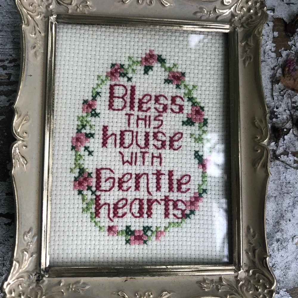 Vintage Framed Cross Stitch Bless This House with Gentle Hearts