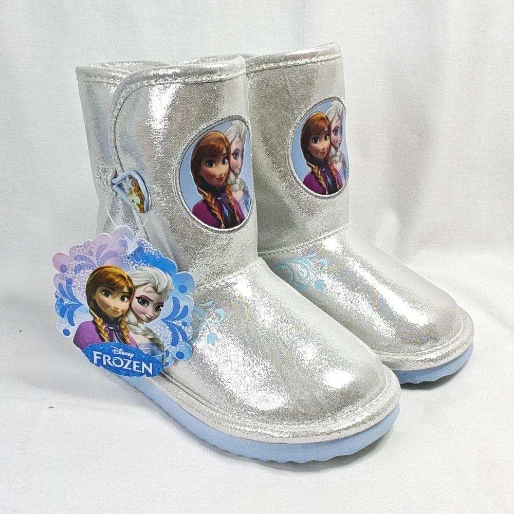 Disney Frozen Boots Silver Anna Elsa Faux Fur Metallic Snowflake Toddler 8 New
