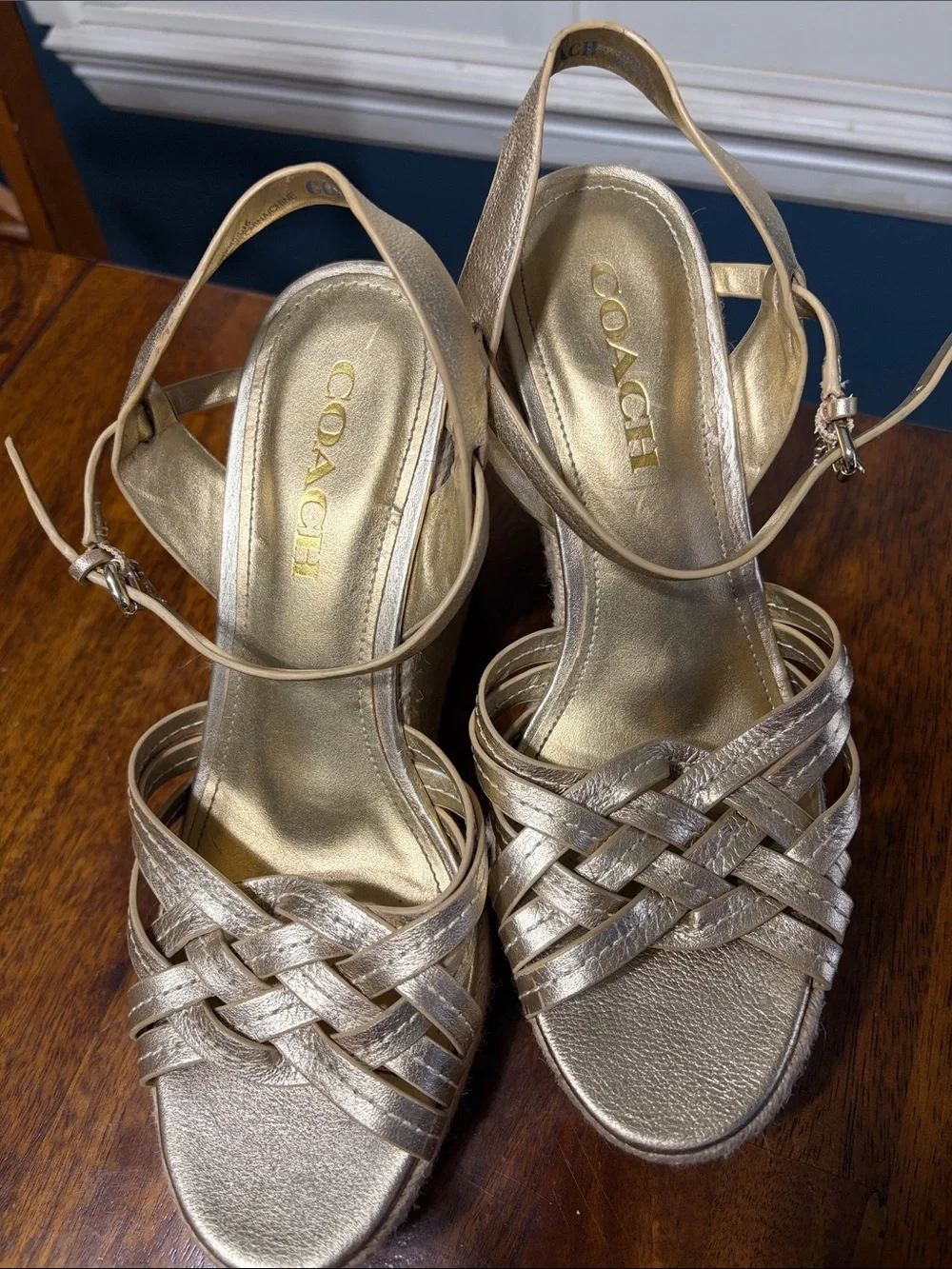 Coach Metallic Gold Braided Wedge Sandals