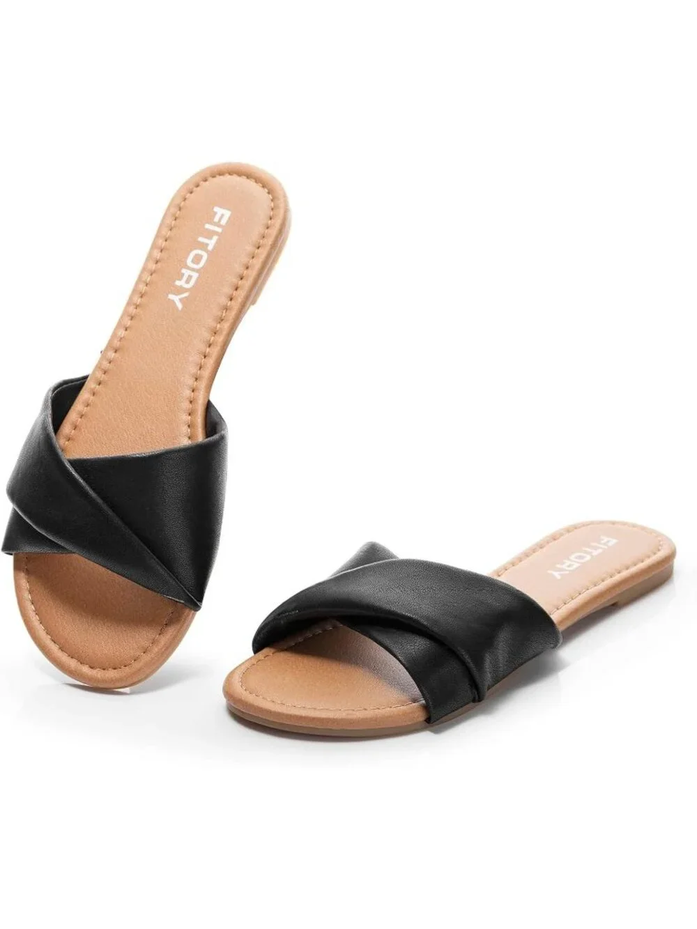 Women's Black Flat Sandals Fashion Slides With Soft Leather Slippers for Summer
