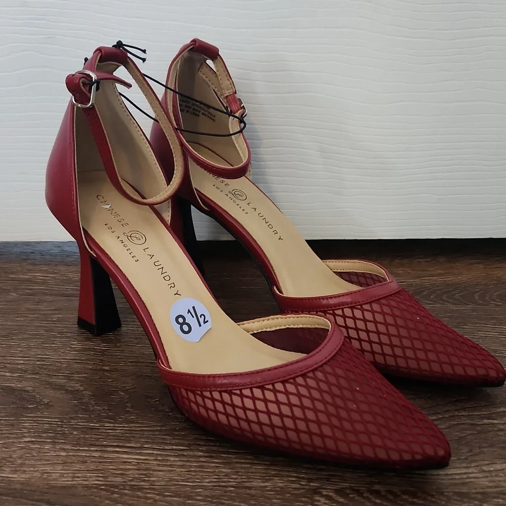 NEW Chinese Laundry Pointed Mesh Toe Ankle Strap Red Heels, size 8.5