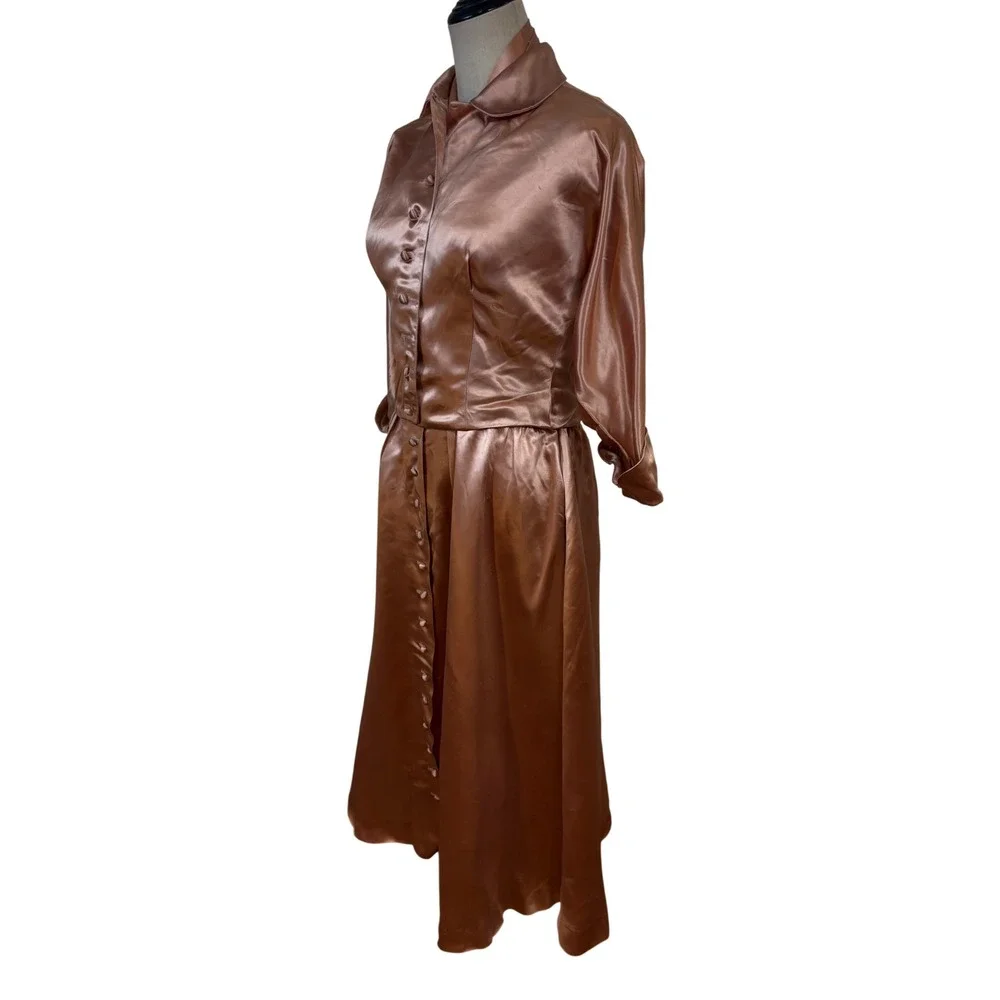 Vtg 50s‎ Slipper Satin Halter Dress Jacket Copper Pockets 2pc Set 28