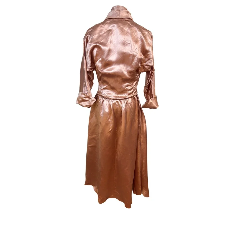 Vtg 50s‎ Slipper Satin Halter Dress Jacket Copper Pockets 2pc Set 28