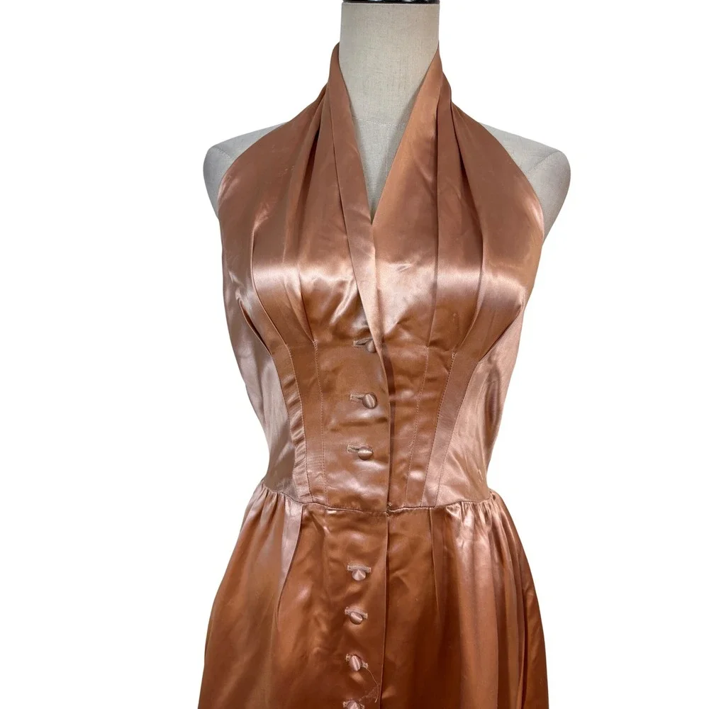 Vtg 50s‎ Slipper Satin Halter Dress Jacket Copper Pockets 2pc Set 28
