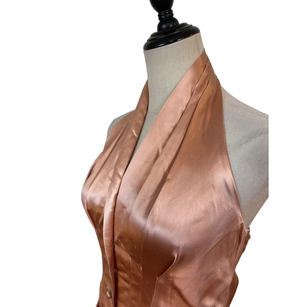 Vtg 50s‎ Slipper Satin Halter Dress Jacket Copper Pockets 2pc Set 28