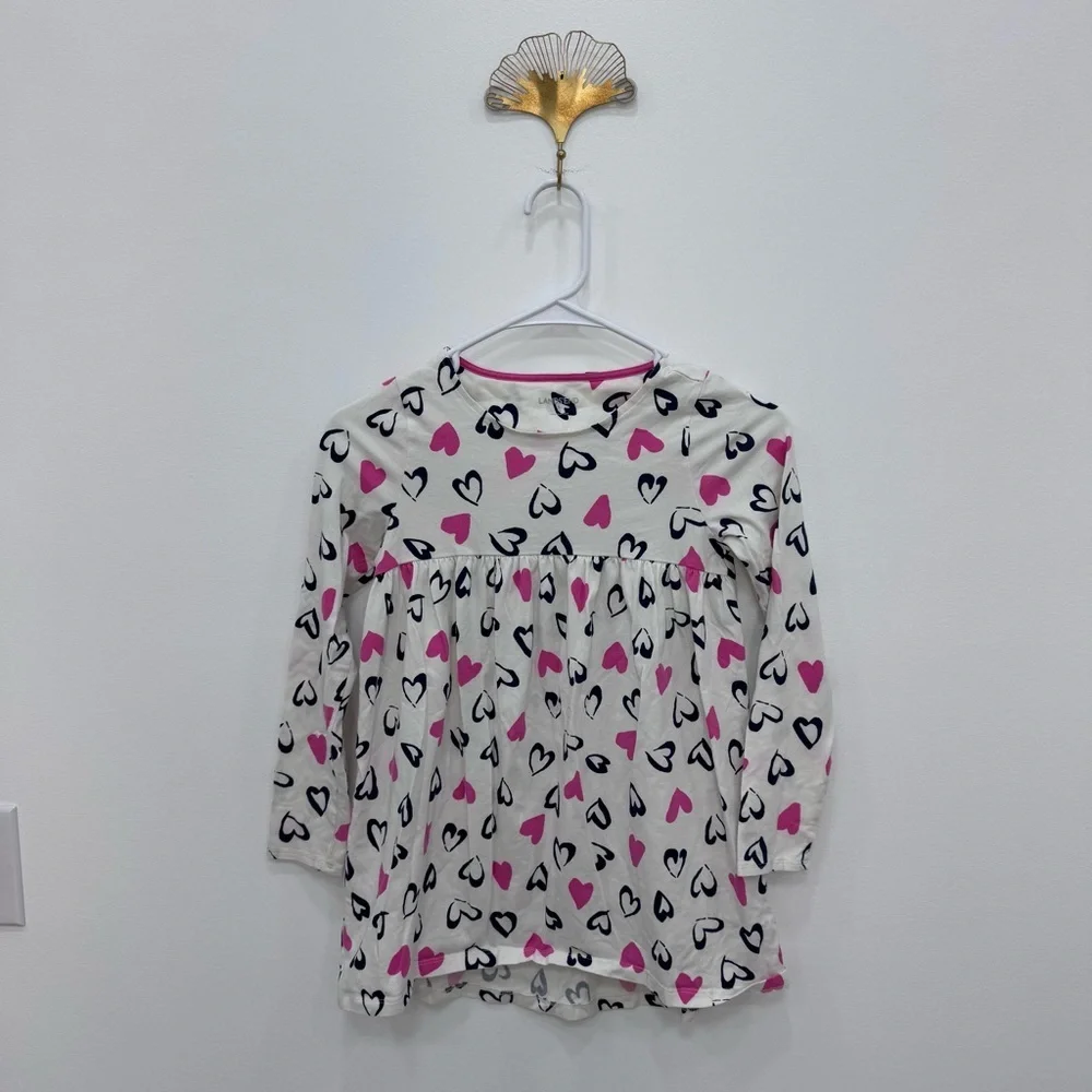 Lands End Stripes Like New Hearts Long Sleeve Dress Sz 7-8 blue pink