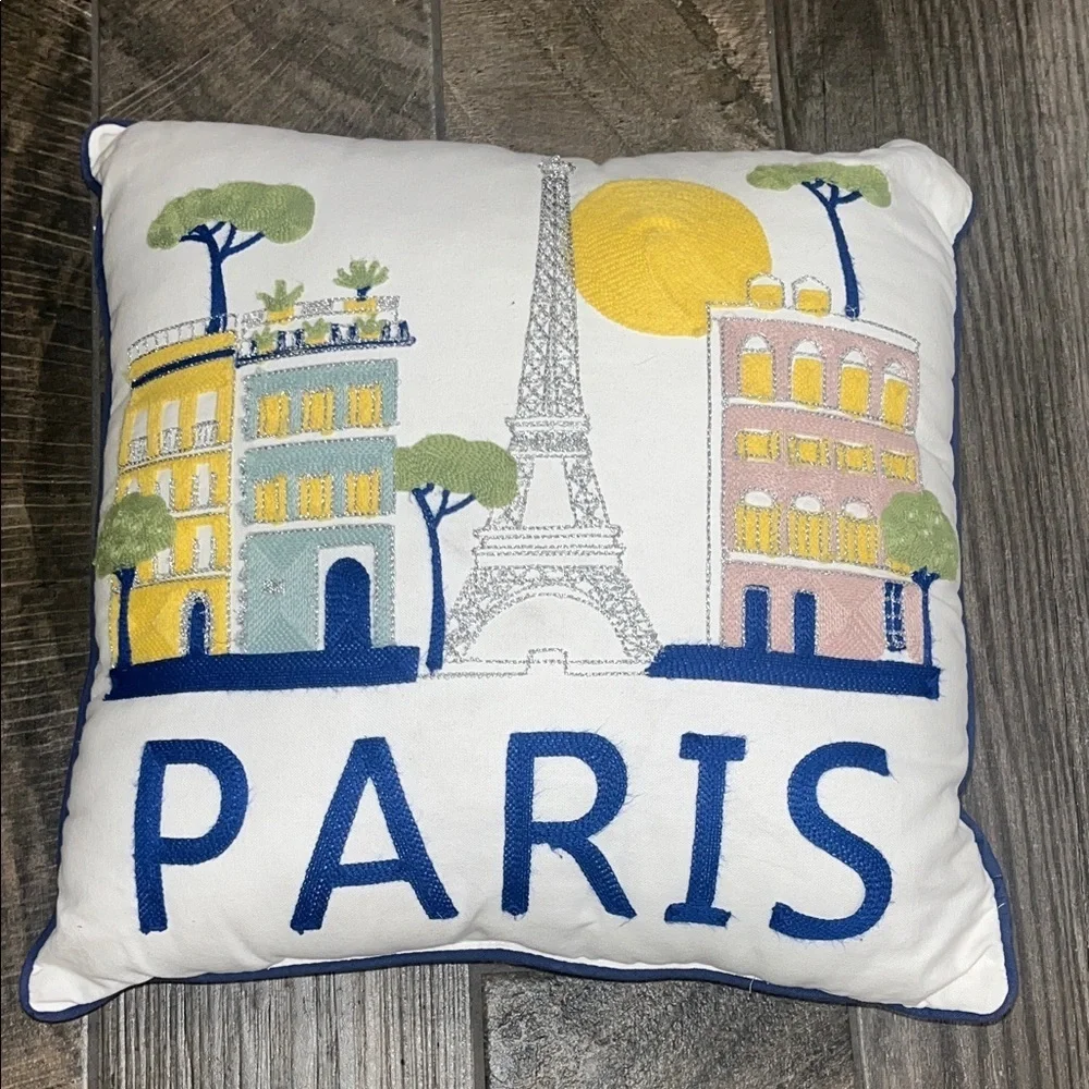 Paris Embroidered pillow with Eiffel Tower Design 18”x18”