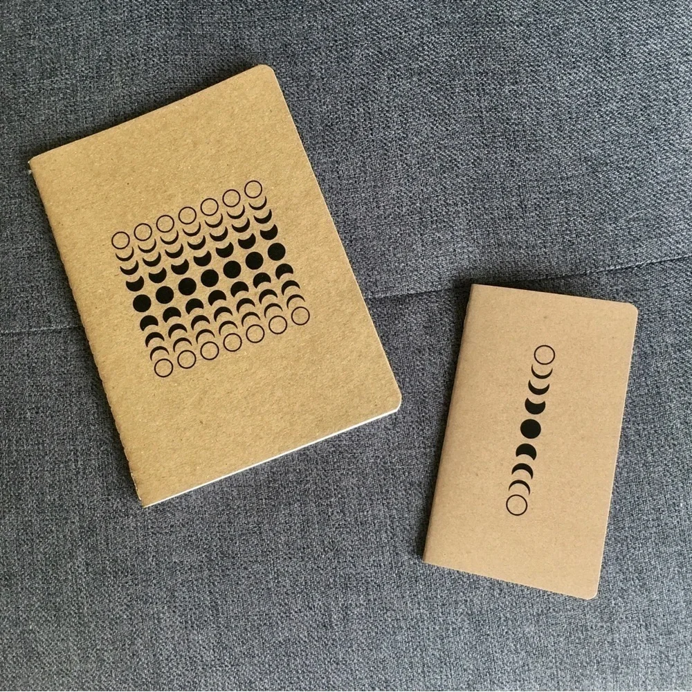 Set/2 Moon Phases Kraft Lined Notebooks, Tan, Black