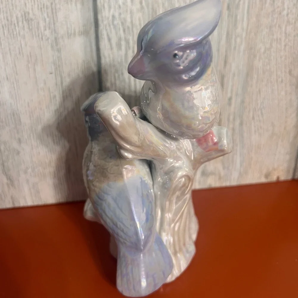 Vintage Lusterware Blue Jay Pair Ceramic Figurine Pearlescent Bird Statue 7.5