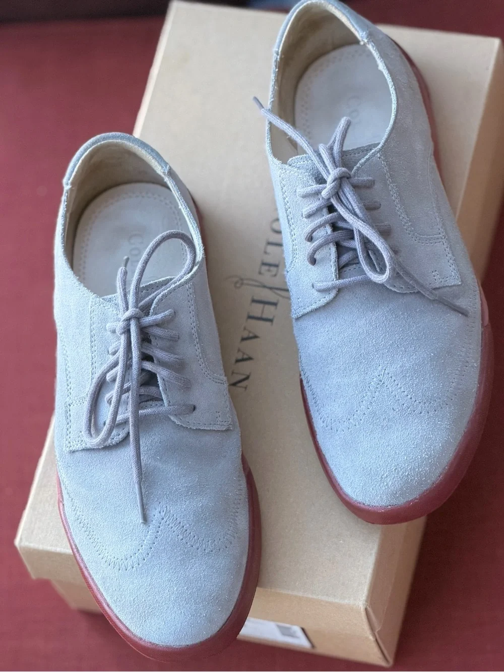 Cole Haan Air Jasper Wingtip Oxfords – Smoke Shade Suede with Red Sole