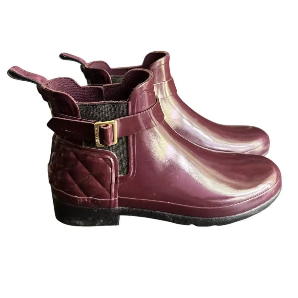 HUNTER Chelsea Womens Burgundy Rain Ankle Boots Glossy Quilted Size 8