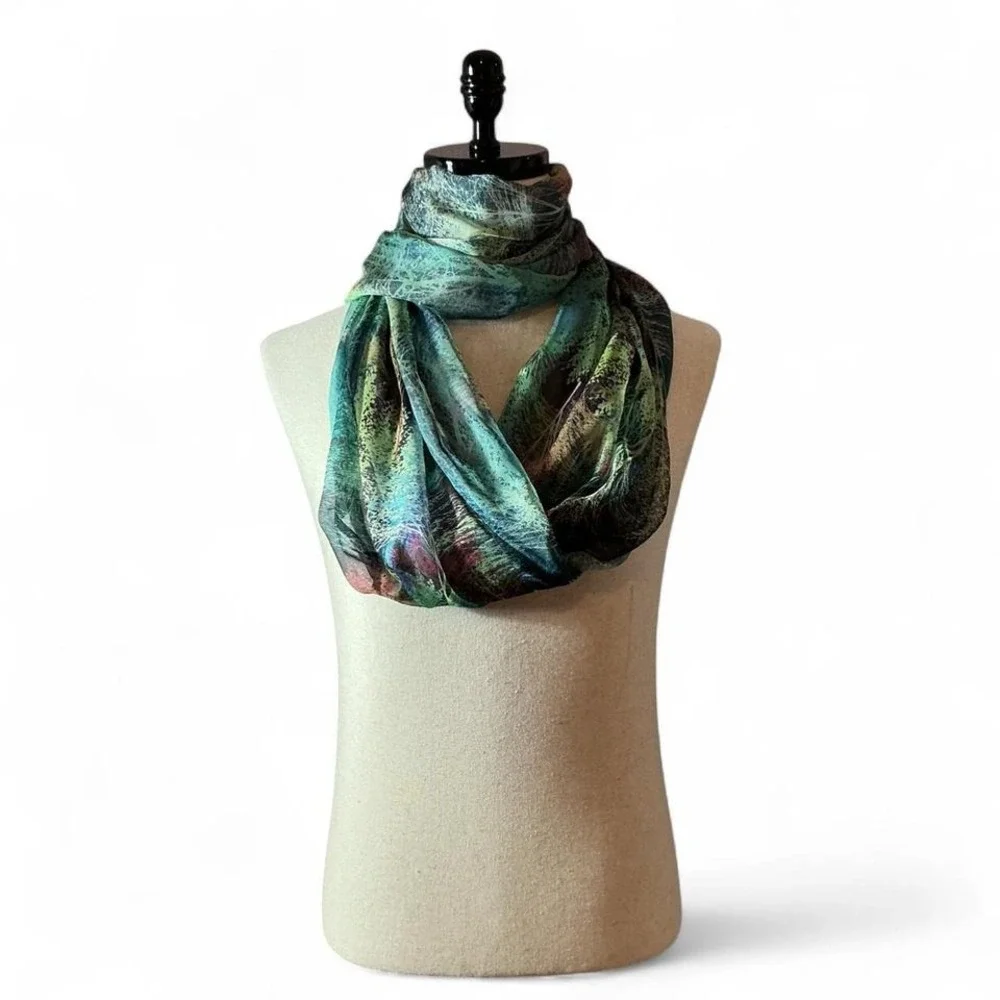 Abstract Print Infinity Scarf Viscose Silk Blend Lightweight‎ Sheer Women