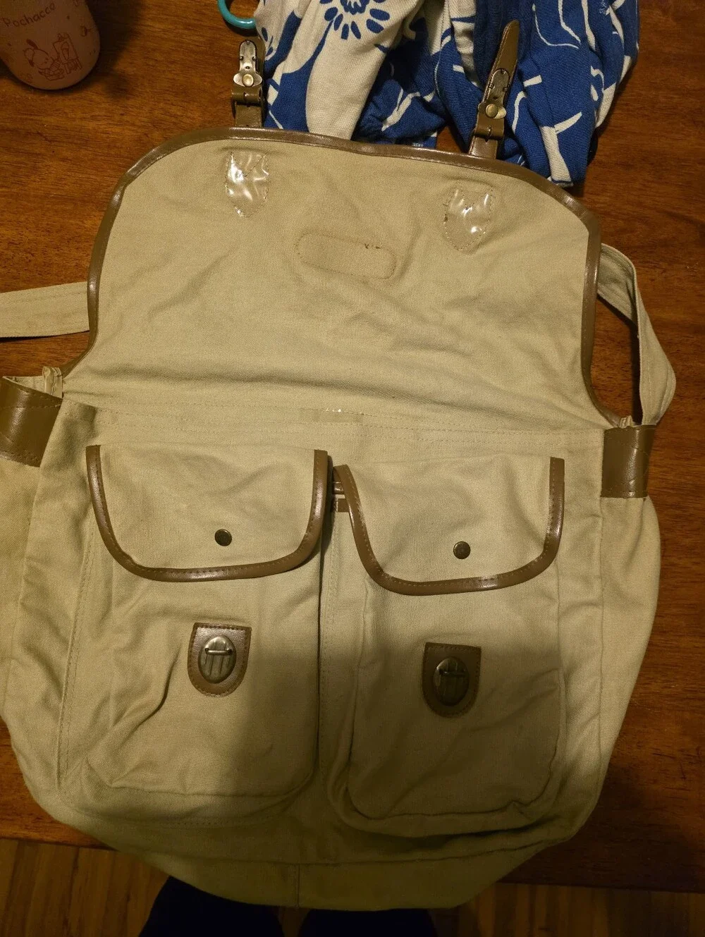 Times Magazine Canvas Messenger Bag with Brown Trim, Leather And Canvas