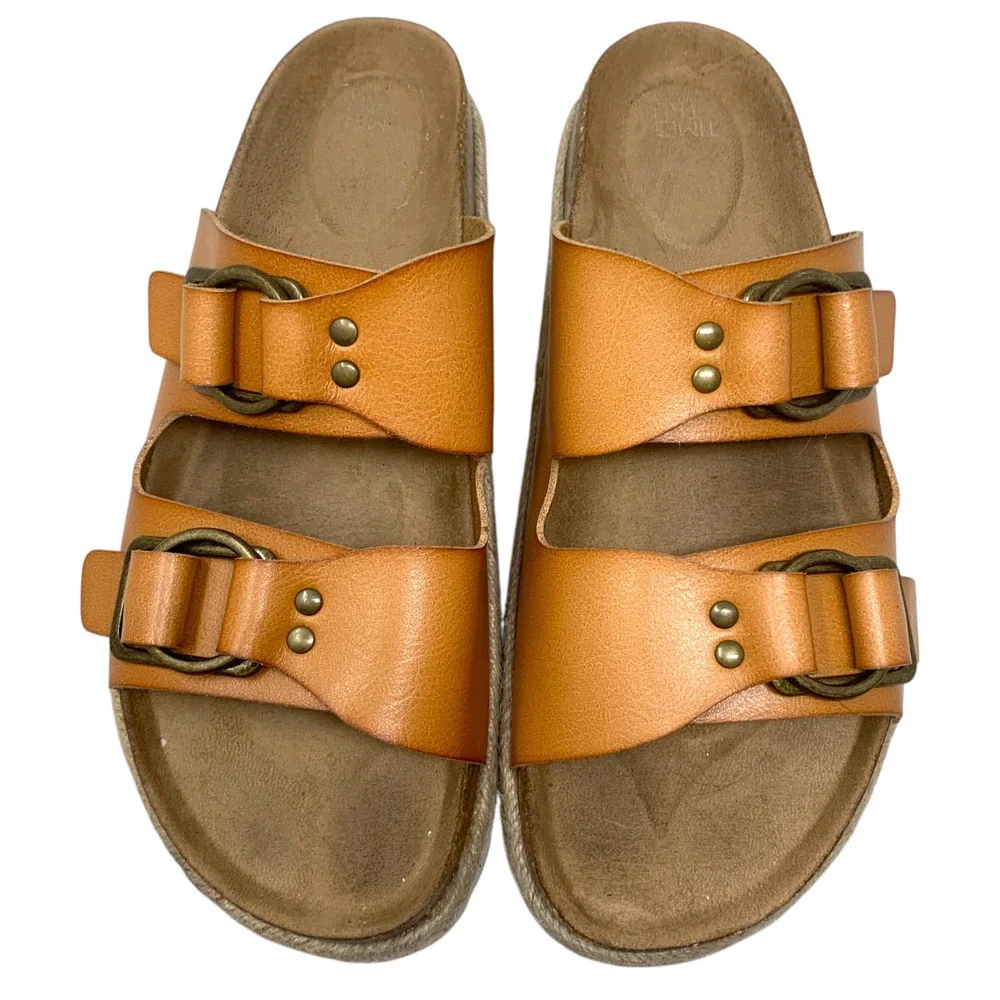 Time & Tru Sz 11 Brown Vegan Leather Chunky Lug Sole Buckle Slide Sandals