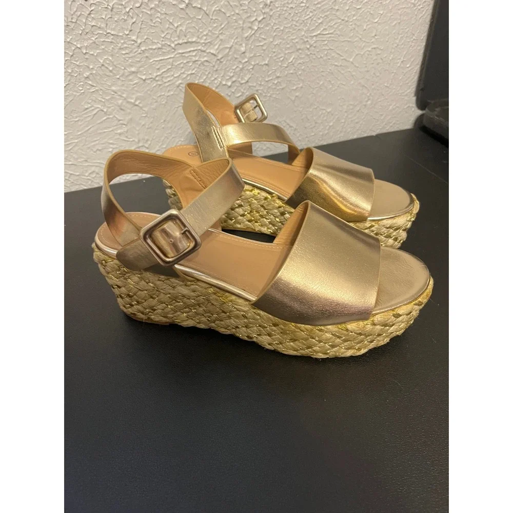 Rouge Helium Gold Metallic Espadrille Platform Wedge Sandals Womens Size 8