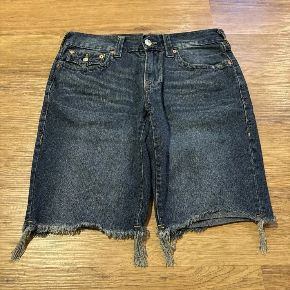 VTG True Religion Ricky Cut-Off Shorts Mens 32 Big T Jorts Thick Stitch USA Y2K