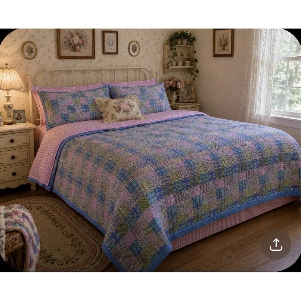 Cozy Line Plaid Patchwork Quilt Set FULL - Cotton Country Cottage Grannycore EUC