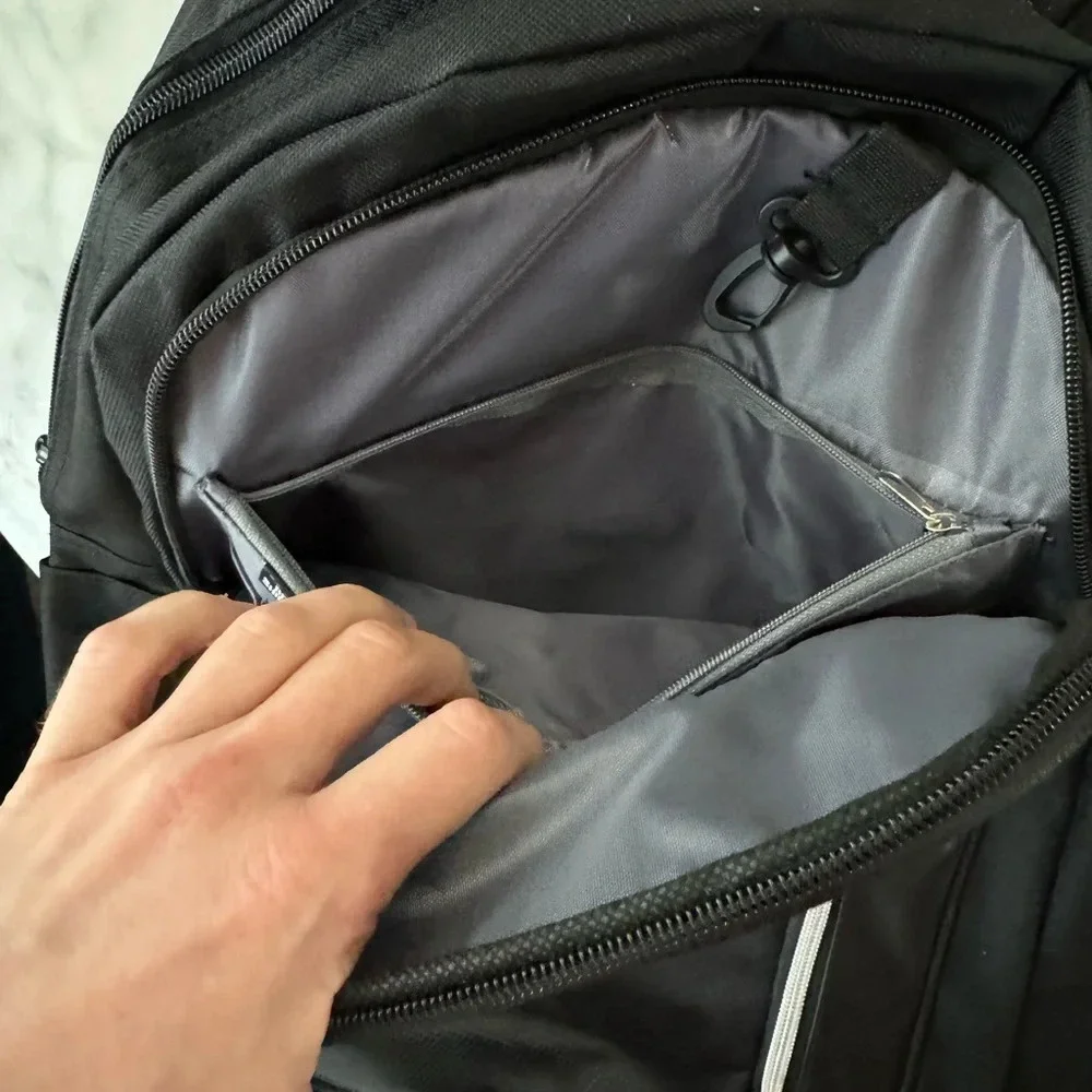 Black Backpack with 3 compartments for stuff NWOT 12x17x4