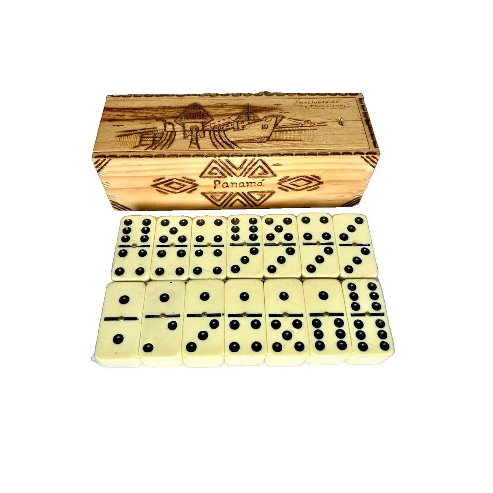 Vintage Panama Miraflores Locks Wood Carved Box Double Six Dominoes Set Spinner