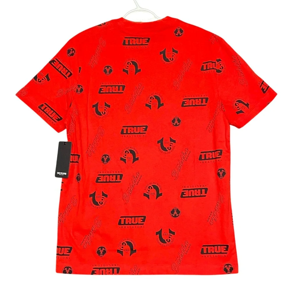 True Religion Multi Logo AOP T-Shirt Men's Large Lava Red Buddha Graphic Tee NWT