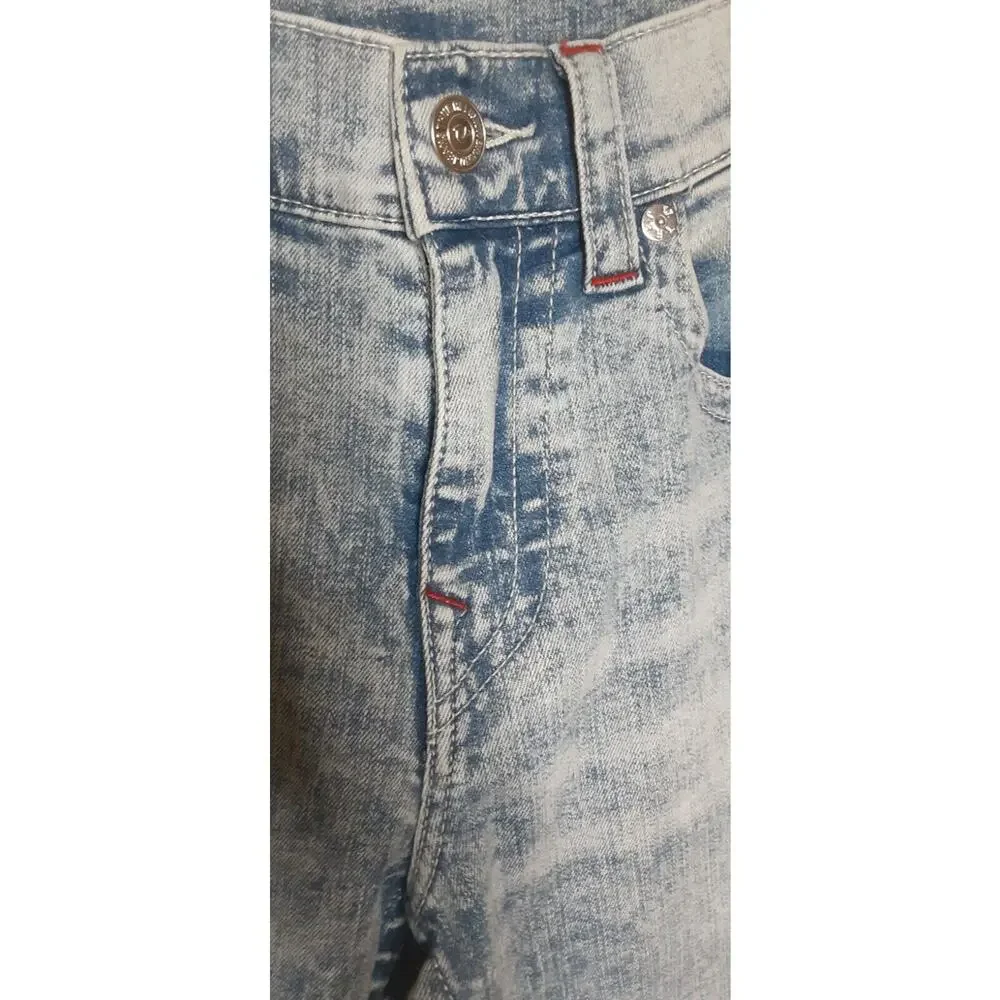 True Religion Geno Mens 31 Jeans Relaxed Slim Acid Wash Blue w/Red‎ Embroidered