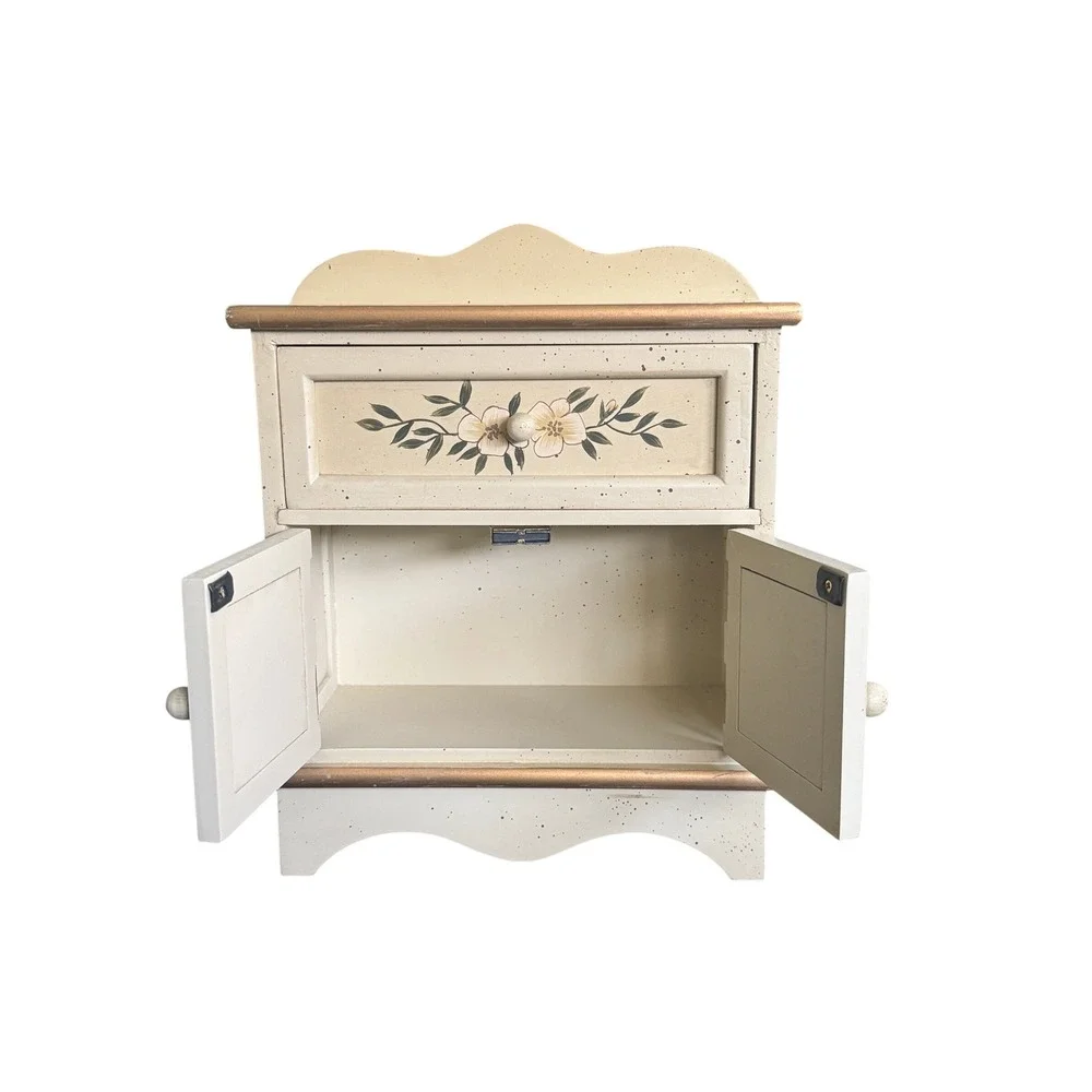 Vintage Floral Wooden Jewelry Box Armoire Cream Hand Painted