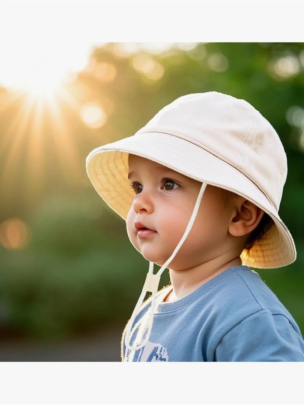 Light Blue Baby Boy Girl Bucket Sun Hat Chin Strap Cotton Linen Blend Sz 6-12 m