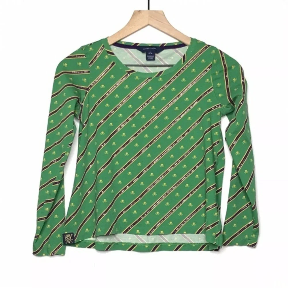 RALPH LAUREN kids skull crossbones print green long sleeve sequins top size M