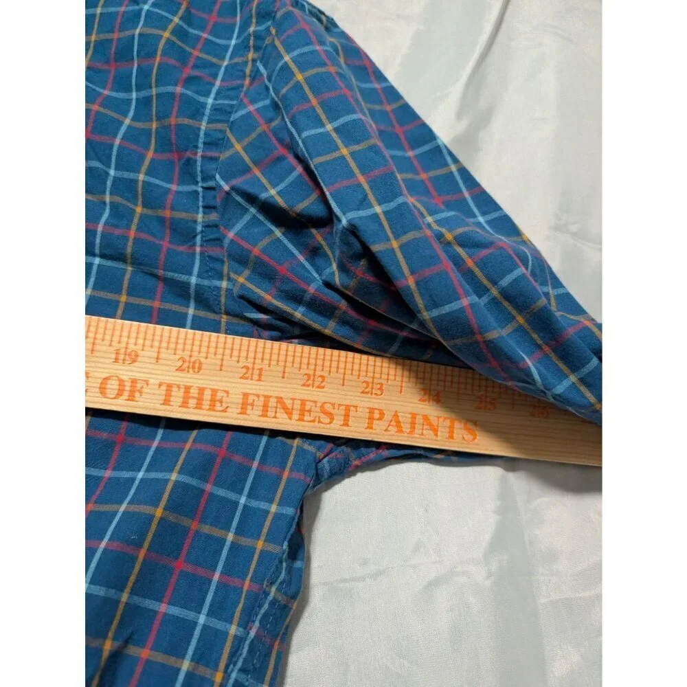 J Crew Flex Washed Slim Fit Blue Multicolor Plaid Check Button Shirt Mens Size L