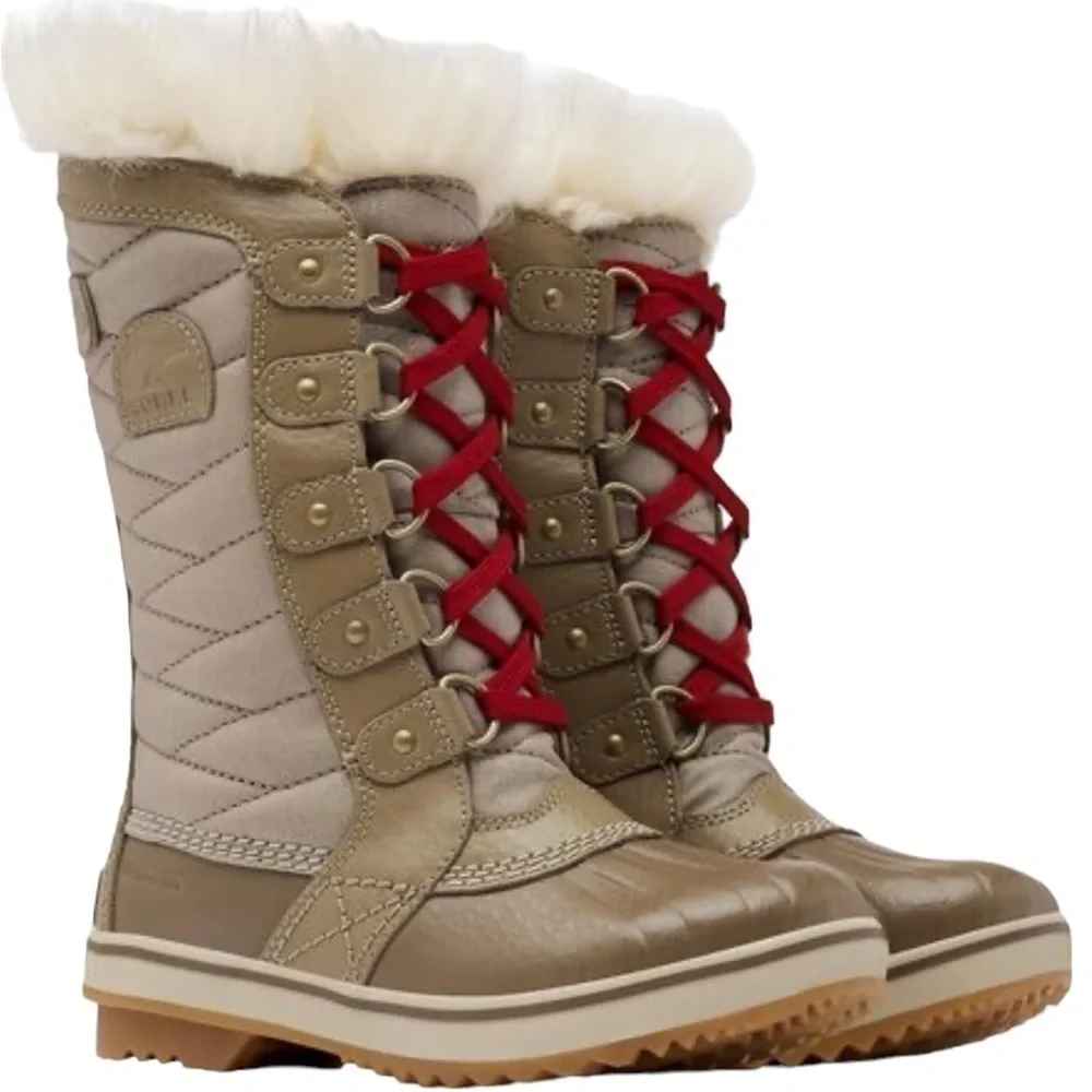 🎉Sorel Tofino II kids Tall Faux Fur Boots Winter Outdoors Tan Red Laces size 1