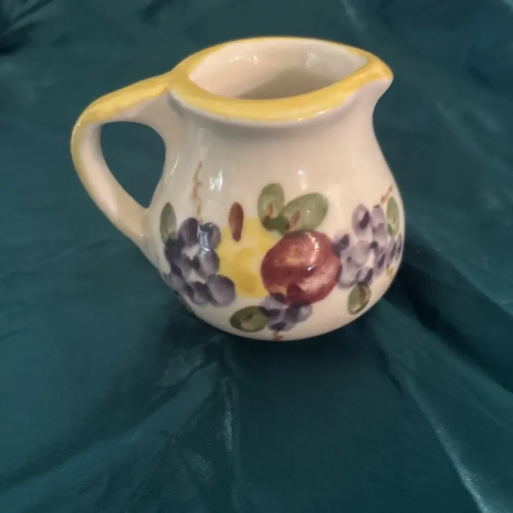 Hand Painted Small Pitcher/Creamer Fruit Motif With Yellow Trim 2 1/2 Inch