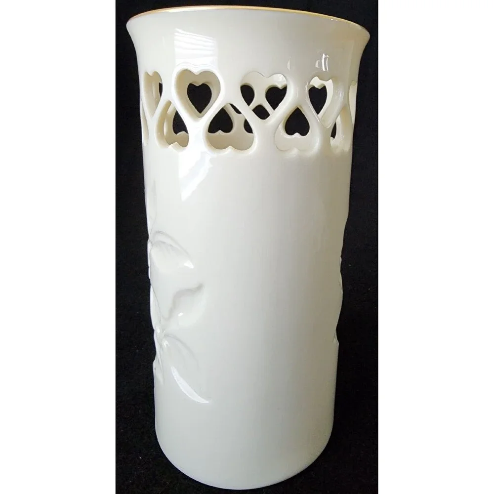 Vintage ~ Lenox Intaglio Rose Pierced Hearts Vase with Gold trim/stamp. Made USA